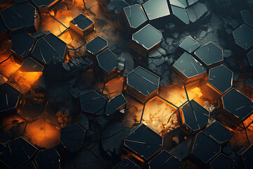 Hexagonal Panels Over Lava Cracks: A Dramatic 3D Texture
