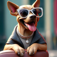 Cute 3D Dog Wearing Leather Jacket, Jewel Diamond Encrusted Collar and Sun Glasses, Tongue Hangs Out