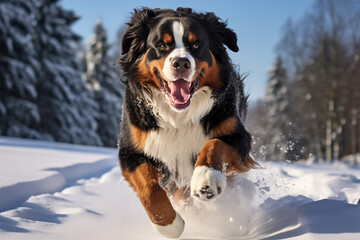 Bernese mountain dog breed dog in the snow - obrazy, fototapety, plakaty