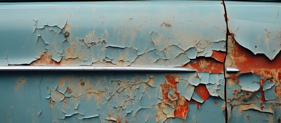 Cracked and peeling paint on an aged vehicle seen in a closeup view - obrazy, fototapety, plakaty
