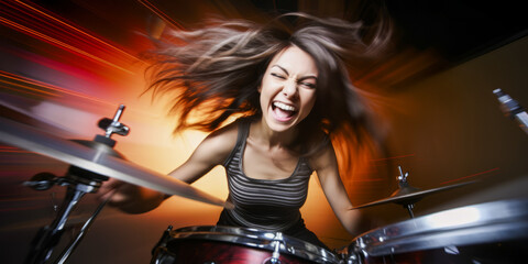 Obraz na płótnie Canvas Sensual woman drumming fast, creating motion blur effect.