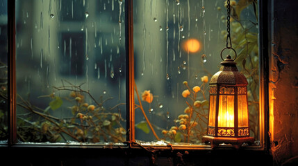 Antique lantern on the windowsill on a rainy day. Drops of water run down the glass