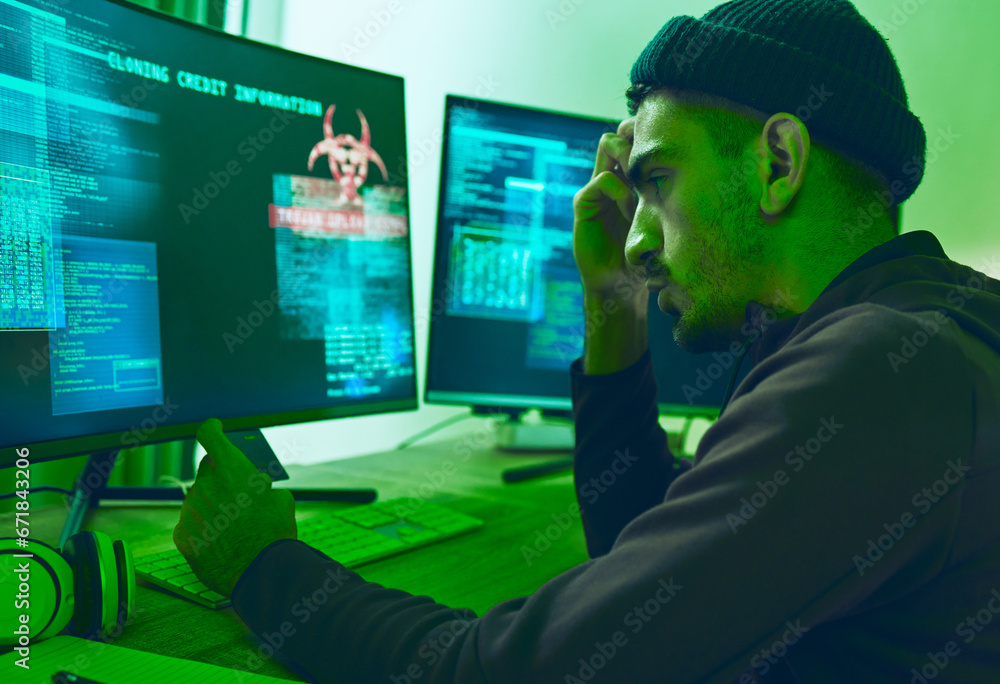 Leinwandbilder computer hacker, identity theft and man with credit card for phishing, scam or cybersecurity softwar