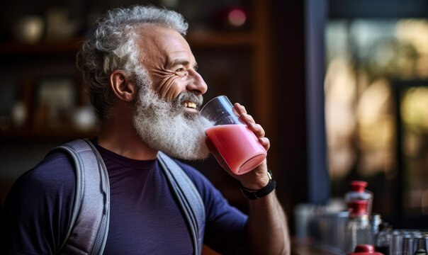Active Man in 50s Drinking Pink Juice After Morning Run