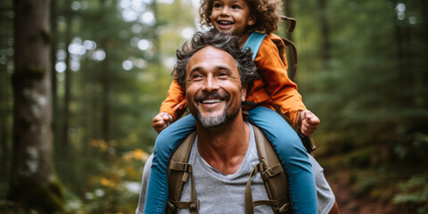 Parental Love: Father Carries Son on Forest Hiking Trail - obrazy, fototapety, plakaty