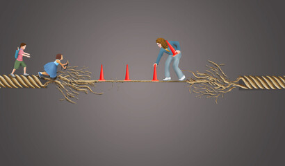 A mom and kids traverse a fraying and dangerous rope bridge in a 3-d illustration about showing your kids the way or setting an example for them.