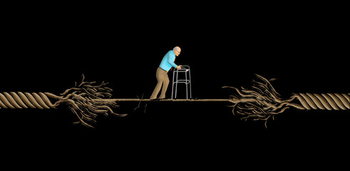 An old man walks over a frayed rope that is about to break in a 3-d illustration about aging.
