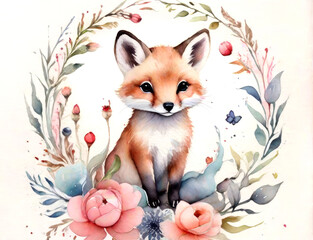 Watercolor illustration with cute animal design. Generative ai
