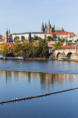 Obraz premium Autumn colorful Prague Lesser Town with gothic Castle above River Vltava in the sunny Day, Czech Republic