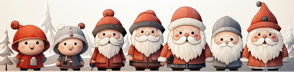 Fototapeta premium Christmas banner Santa is in a hurry to give presents, skiing towards snow-covered houses through snowdrifts and mountains.