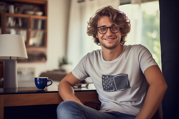 Portrait of a happy and smiling young entrepreneur in an informal office or home having coffee