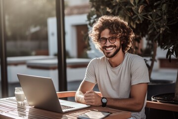 Portrait of a happy and smiling young entrepreneur with his laptop outdoors. generative ai