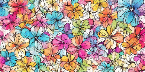 Fototapeta na wymiar Background of many painted flowers. Nature illustration. Generative AI