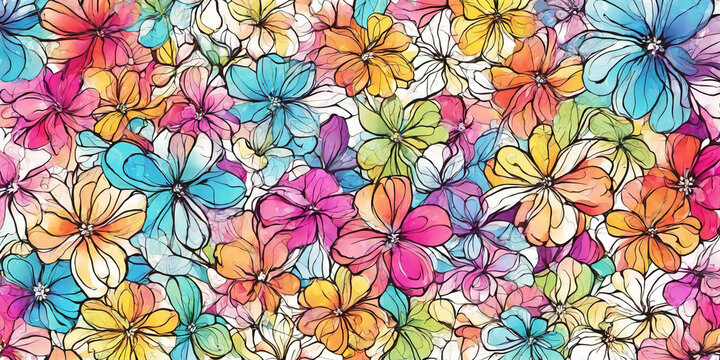 Background of many painted flowers. Nature illustration. Generative AI