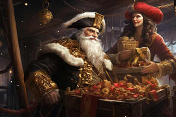 Naklejka premium Pirate Santa with a black and white striped pirate hat, hinting at adventurous holiday tales