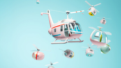 Helicopter and unusual small aircraft in the air. Pastel color background. Copy space.