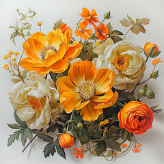 Bouquet of yellow poppies on white background.