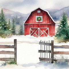 Watercolor red barn with green Christmas wreath and fence in snowflakes