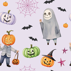Watercolor spooky halloween seamless pattern