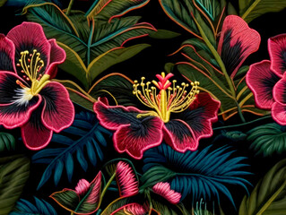 Fototapeta na wymiar Seamless realistic embroidery tropical floral pattern design. Generative ai