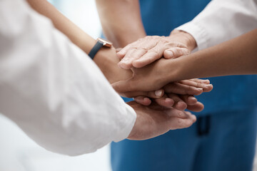 Teamwork, medical support and hands of doctors working as a team for success in healthcare at a hospital. Nurse, surgeon and worker with solidarity, help and collaboration at a clinic for work - obrazy, fototapety, plakaty