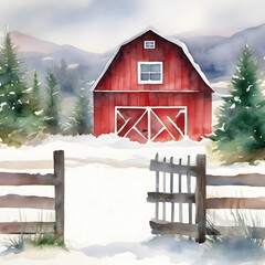 Watercolor red barn and an open gate with rustic fence in winter