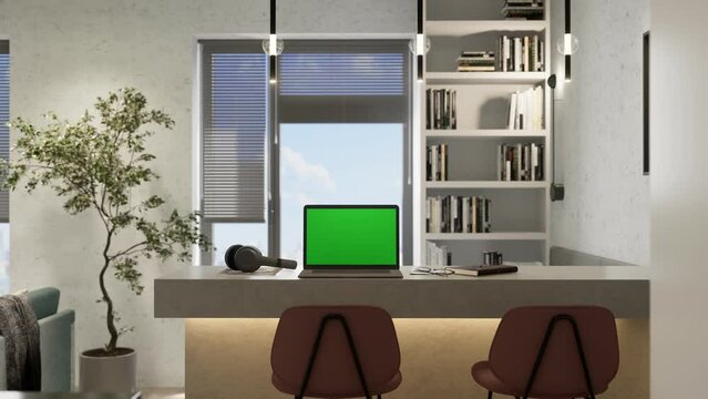 3d render. The laptop is lying on a table with a green screen in the studio apartment. 