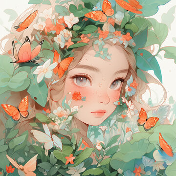 woodland fairy girl, long blond hair, butterflies and leaves. fantasy female character, illustration for picture books for children with fantastic stories and fairy tales. dreamy atmosphere, big eyes