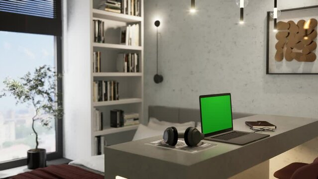 3d render. The laptop is lying on a table with a green screen in the studio apartment.