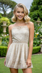 Fototapeta premium cute young blonde fashion model, smiling. garden background, summer dress, generative ai