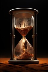 hourglass on black background with people inside 
