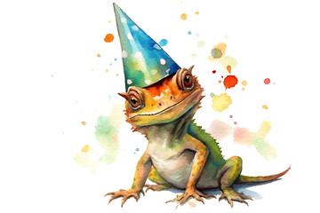little cute lizard wearing party hat isolated against transparent background in watercolor painting style - obrazy, fototapety, plakaty