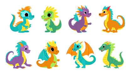 Set of cute dragons. Child dragon persona. Cartoon modern style vector illustration.