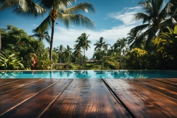 Deluxe getaway atmosphere. Captivating image of a wooden poolside deck against a lush jungle, ready for product promotion. Generated AI - obrazy, fototapety, plakaty