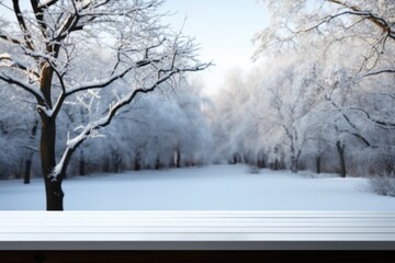 Fototapeta premium Outdoor bistro table scene. Image of a sunlit wooden table with a snowy park backdrop, ideal for showcasing your product. Generated AI