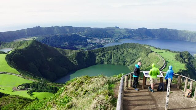 Aerial view of beautiful lake of Sete Cidades, Azores, Portugal. Drone video.