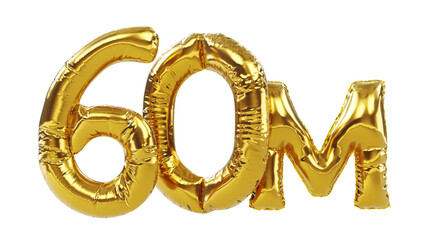 3D render of gold sixty million or 60m isolated on white background, 60M followers thank you, balloons number