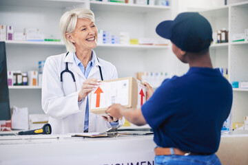 Pharmacist, package and delivery with woman in drug store for medical supplies with courier...