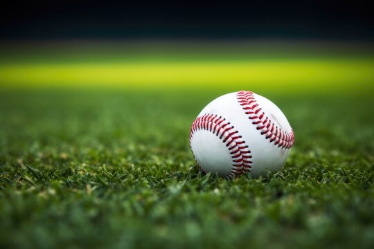 A baseball, a dramatic epic photograph in motion, on the field of a Major League Baseball stadium in the USA close up