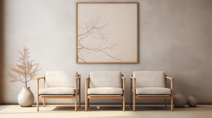 Warm Toned Interior with Trio of Wooden Armchairs and Delicate Branch Artwork