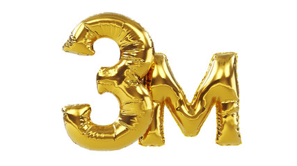 3D render of golden number three million isolated on white background, eight Million Views, three million followers concept