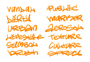 Collection of graffiti street art tags with words and symbols in orange color on white background