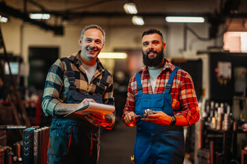 Two metal processing factory employees holding a metal piece and a clipboard.