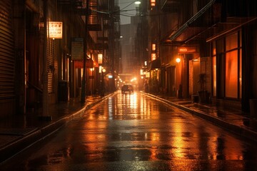 A street in the city illuminated by a warm glow, amidst heavy rain. Generative AI