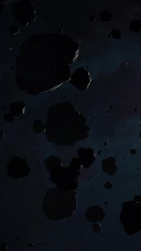 Asteroid belt field in dark outer space. 3D animation wide pan shot. Rock formations of cosmic debris and giant Meteorites. Celestial objects on starry stars background with dust nebula haze low light
