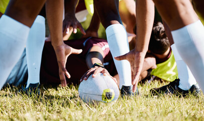 Sports, team and rugby match on a field with hands of men in training, practice or match closeup. Fitness, group and players with ball for exercise, workout and performance, challenge and competitive