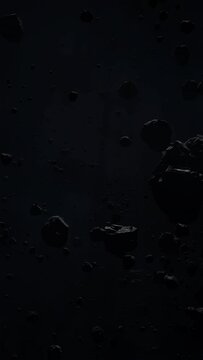 Asteroid belt field in dark outer space. 3D animation wide pan shot. Rock formations of cosmic debris and giant Meteorites. Celestial objects on starry stars background with dust nebula haze low light