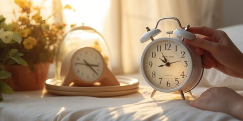 An Alarm Clock Rests Next to a Sleeping Person, Who Gently Touches It, Beginning the Day's Routine