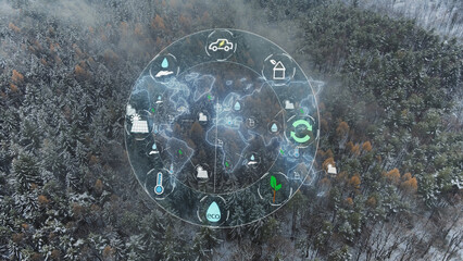 Global warming sustainability concept, digital map infographics, snowy forest 