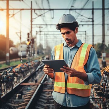 Engineer using tablet checking and analysis data systems electrics of track on railway on networking, Modern Industrial and transportation